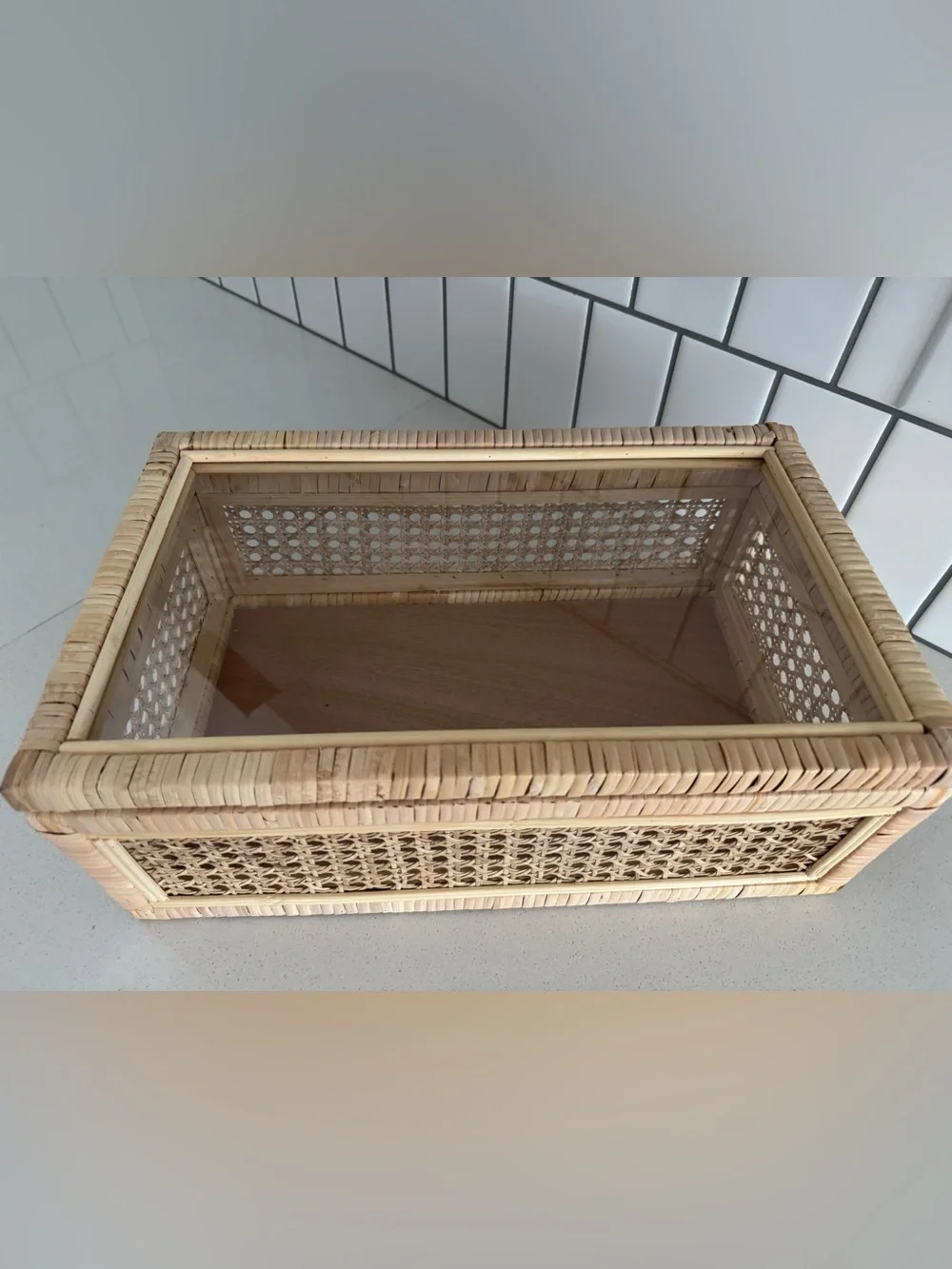 Woven Rattan Glass Top Storage Box - Natural